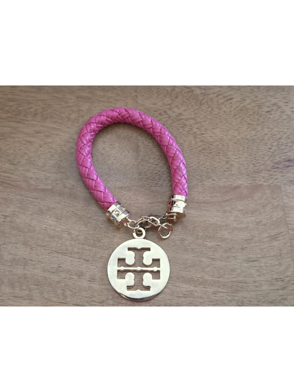 Tory Burch Pink Braided Leather Bracelet Gold Tone Double T Logo Charm